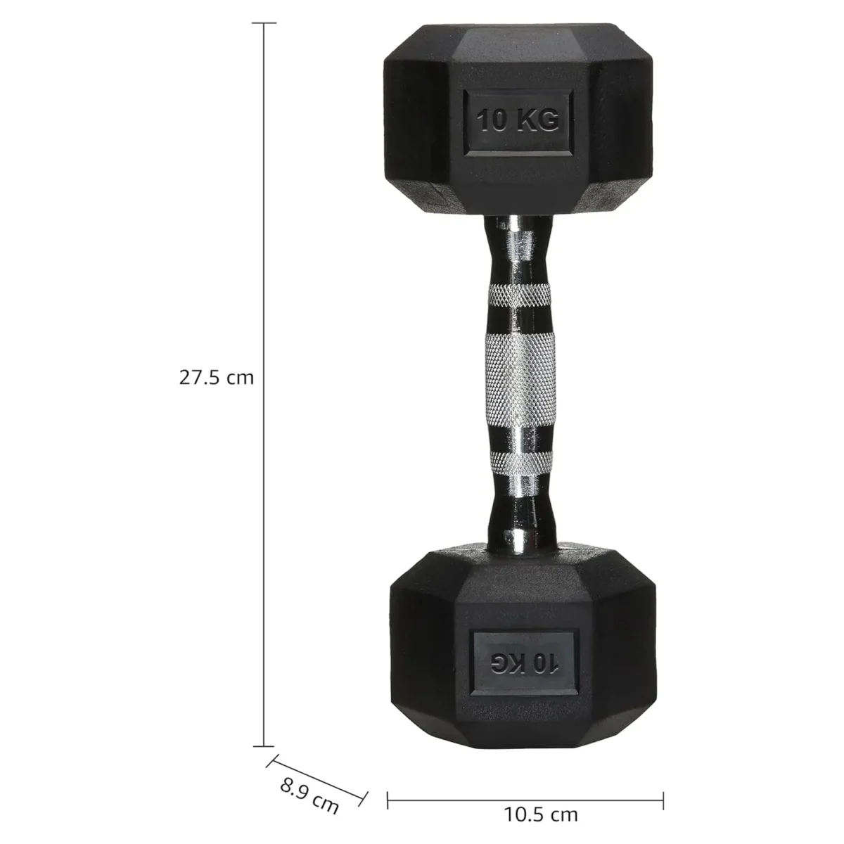 A dumbbell featuring height and weight measurements for precise tracking of fitness progress.