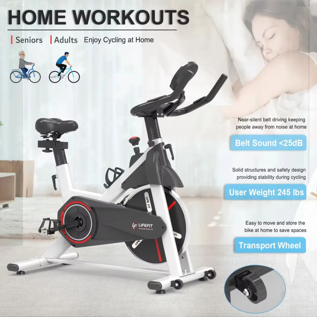 Spin bike details: iron casting flywheel, breathable PU saddle, and aluminum anti-slip pedals for a comfortable and durable workout experience.