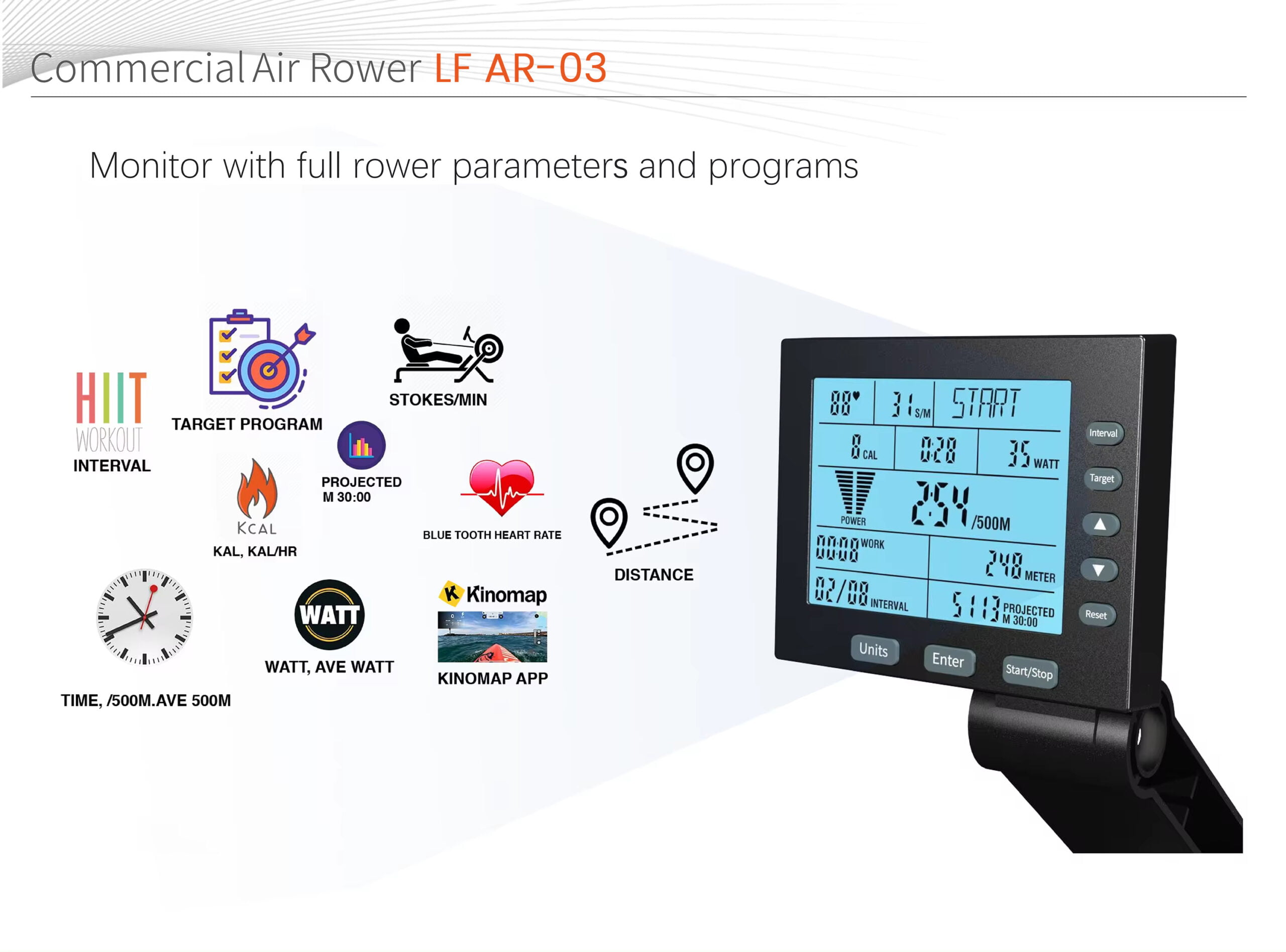 Close-up of Air Rower LF-AR 3 LCD monitor showing detailed workout data and backlight feature.