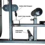 Close-up of a Lat Pulldown and Seated Row Machine highlighting the Safety Ball Stopper, Multi-Grip Handle, and Adjustable Foot Rest.