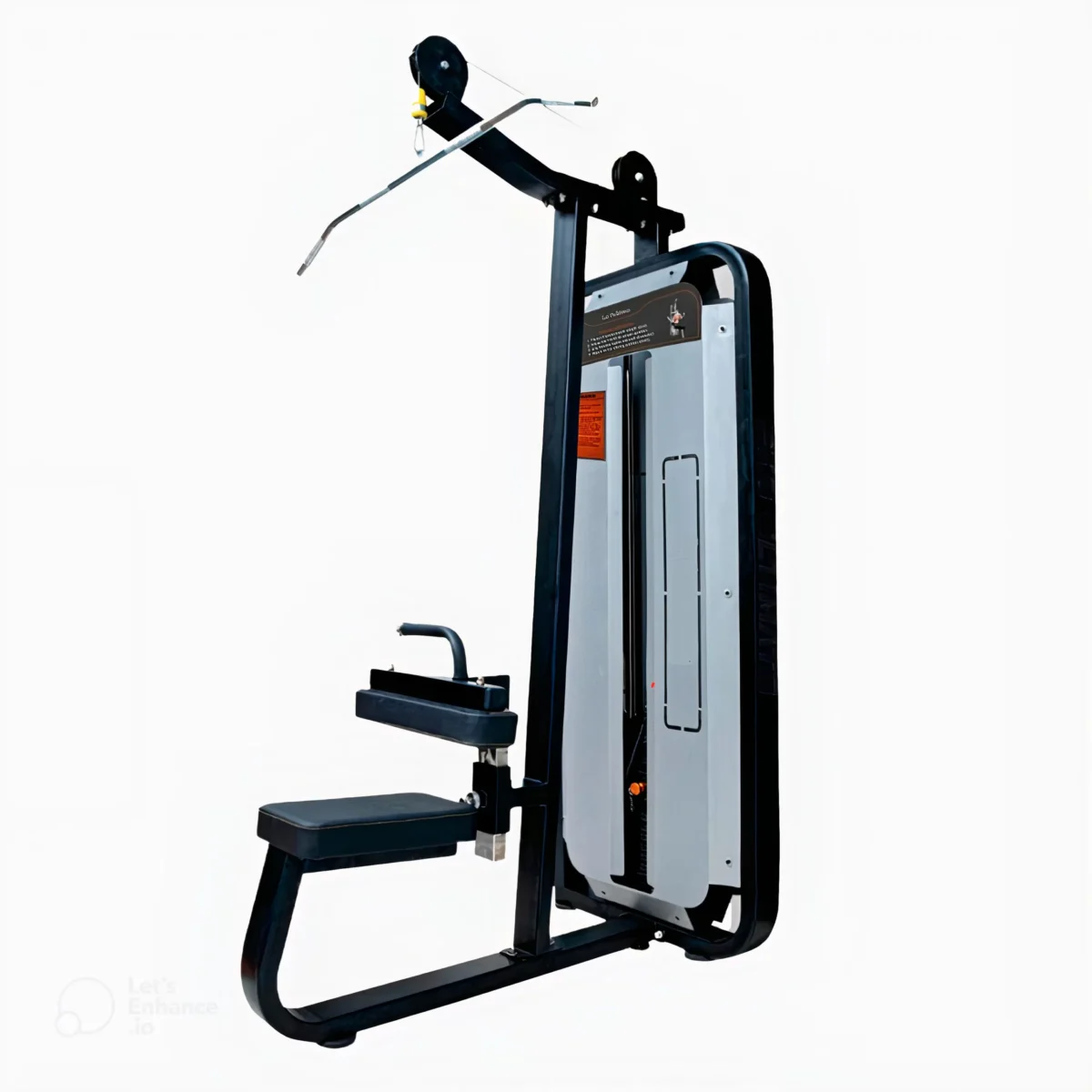 A lat pull down machine, designed for upper body strength training, featuring a seated position, pulley system, and adjustable weights.