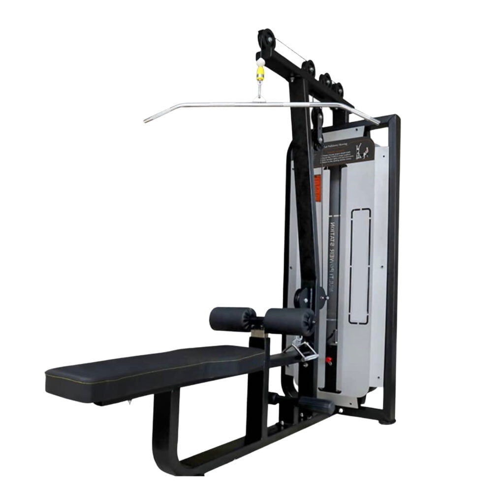 Seated rowing machine with lat pull down feature, designed for upper body strength training.