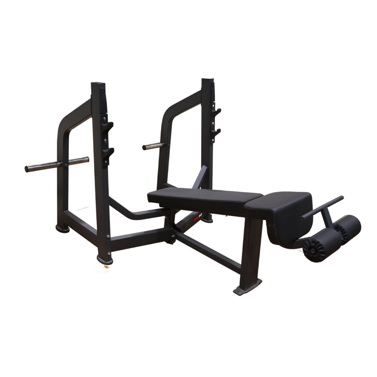 he Olympic Decline Weight Bench by Life fit India is a black squat bench with a bar, perfect for weightlifting and strength training.