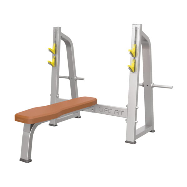Hammer Strength Olympic flat bench: A white background showcases a yellow seat on a sturdy bench.
