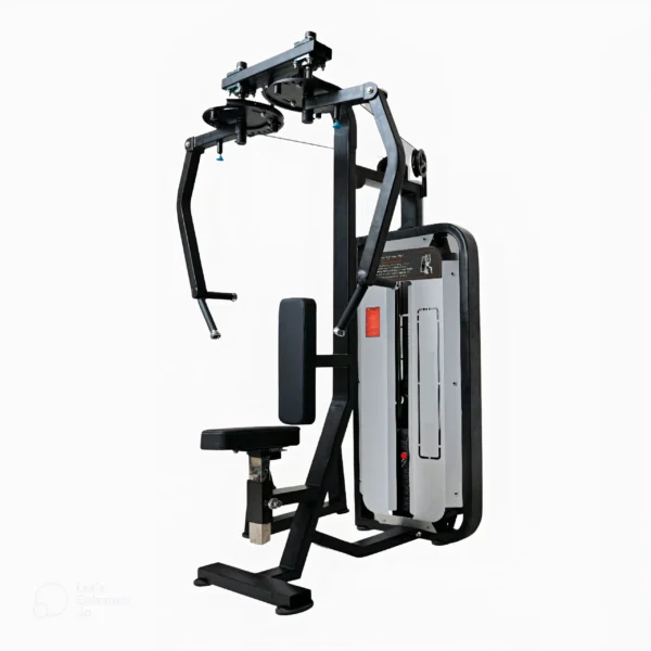 A Peck Dec Fly Machine, a piece of exercise equipment designed for targeting chest muscles, featuring adjustable weights and padded seats.