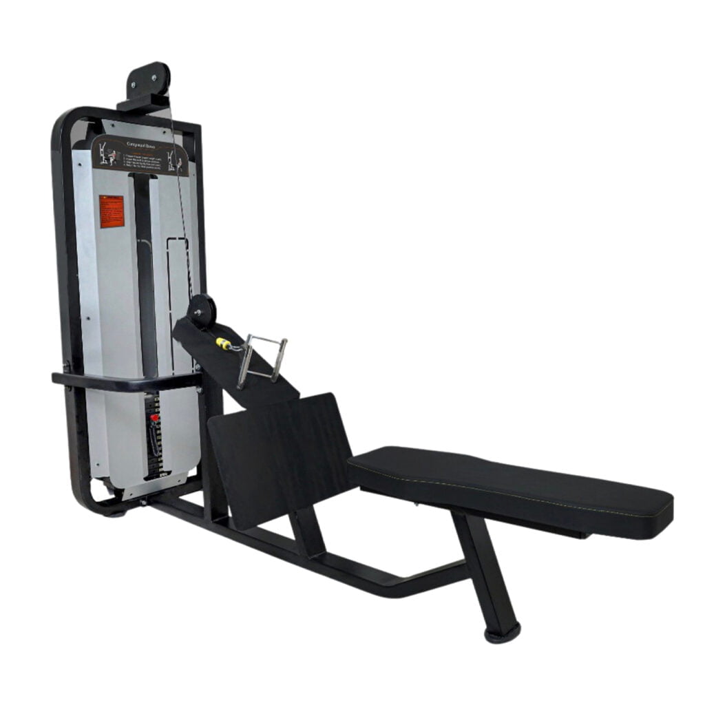 A Seated Row Machine featuring a seat and bench, designed for targeted strength training at the gym.