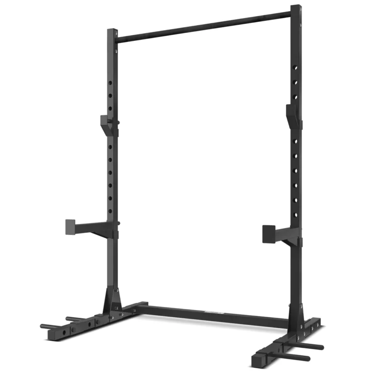 Black steel squat rack with adjustable height settings, safety bars, and pull-up bar attachment for versatile strength training.