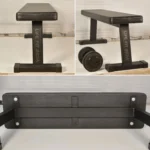 Get your workout on with this durable black gym flat bench, complete with a weight bar and dumbbell for a full-body strength training session.