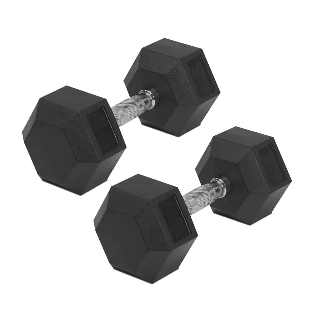 Hex dumbbells, two black weights, rest on a clean white background for strength training.