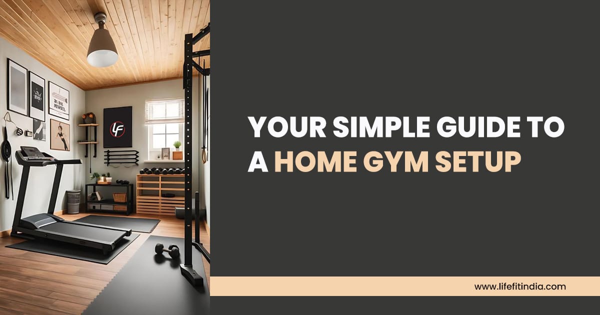 Bright and organized home gym setup featuring a treadmill, dumbbells, resistance bands, and a yoga mat, with natural light coming through the window.