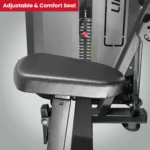 A close-up of the adjustable and comfortable seat on the LIFE FIT preacher curl machine, highlighting the thick, black rexine upholstery and the easy-to-use height adjustment mechanism.