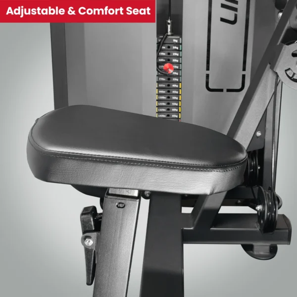 A close-up of the adjustable and comfortable seat on the LIFE FIT preacher curl machine, highlighting the thick, black rexine upholstery and the easy-to-use height adjustment mechanism.