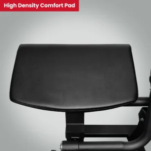 A detailed view of the high-density comfort pad on the LIFE FIT preacher curl, highlighting its thick, ergonomic cushioning and durable black upholstery designed to support arms during bicep workouts.