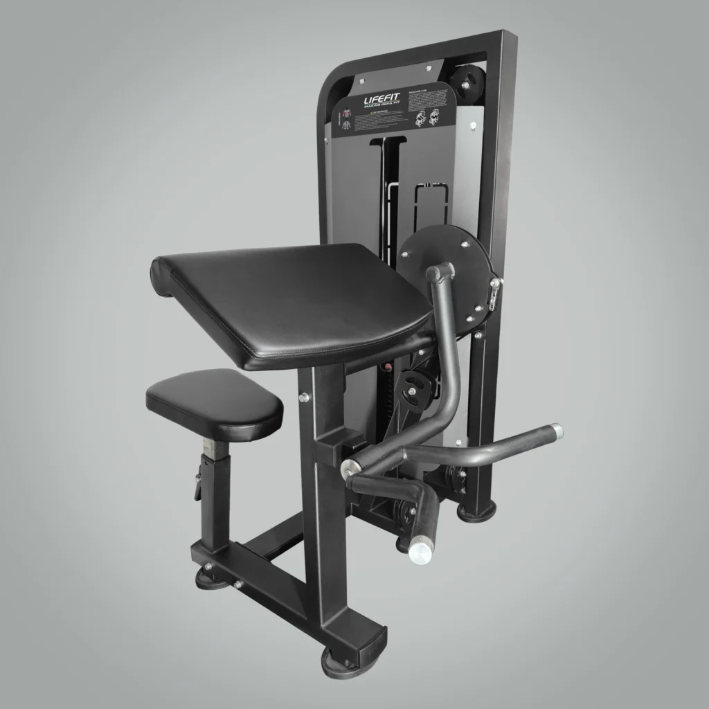 A three-quarter view of the LIFE FIT Impact Bicep Preacher Curl machine, designed for bicep isolation with a sturdy black frame and adjustable padded seat and arm rest.
