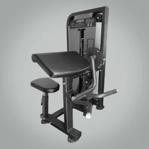 A three-quarter view of the LIFE FIT Impact Bicep Preacher Curl machine, designed for bicep isolation with a sturdy black frame and adjustable padded seat and arm rest.