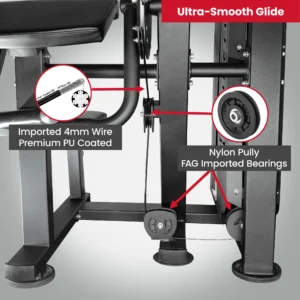 The ultra-smooth glide system of the LIFE FIT preacher curl, with callouts highlighting the imported 4mm PU coated wire and the durable nylon pulleys running on FAG imported bearings.