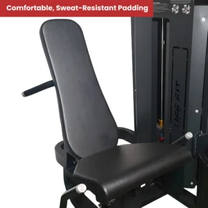 Close-up of LIFE FIT Leg Curl and Extension Machine showing sweat-resistant padded seat and angled backrest for enhanced comfort and support.