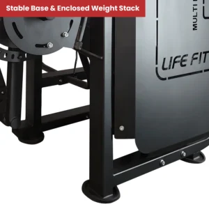 LIFE FIT Leg Curl and Extension Machine showing rubber-capped feet for anti-slip support and fully enclosed weight stack for enhanced safety.