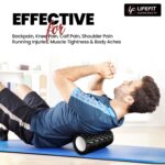 A man lying on a yoga mat with the words "effective for back pain" displayed, showcasing a foam roller for exercise by Life Fit India.