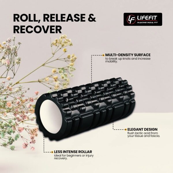 A foam roller for exercise is displayed in the image, specifically the Roll Release and Recover Roller from Life Fit India.