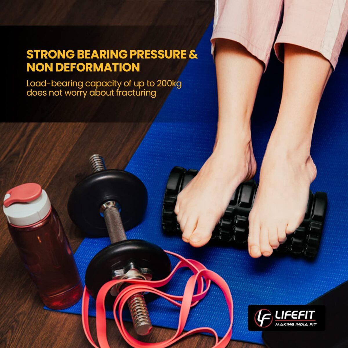A foam roller for exercise with strong bearing pressure and no additional information, sold by Life Fit India.