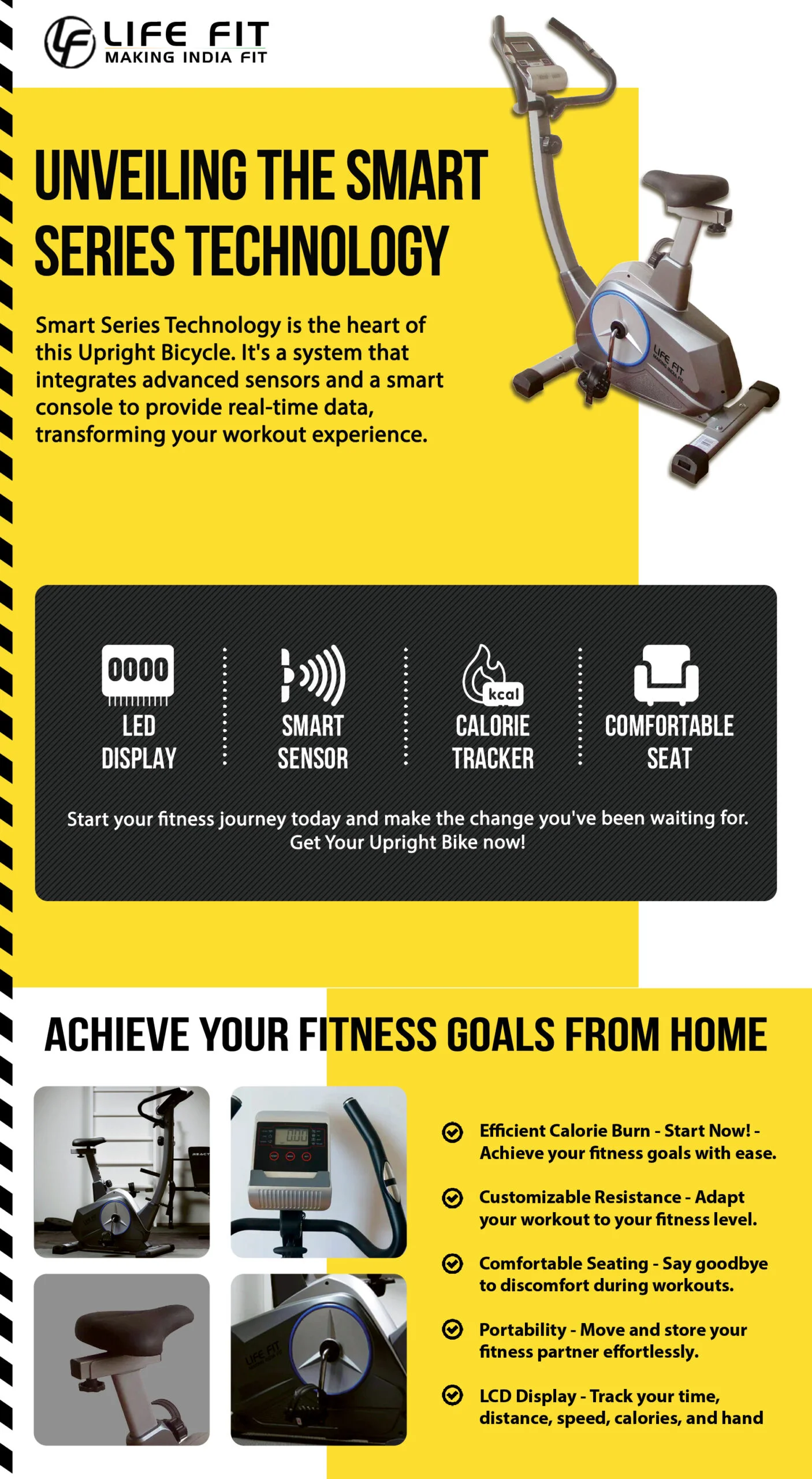 Image of LIFE FIT LF-601B upright bike featuring smart series technology.