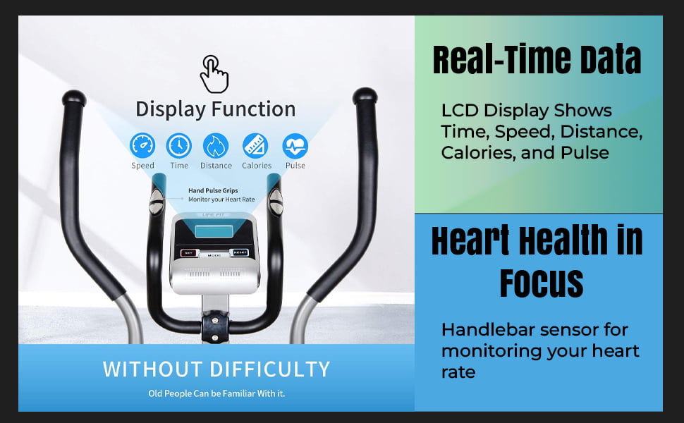 Life Fit Cross Trainer LF-601E Heart rate monitor displaying vital signs.