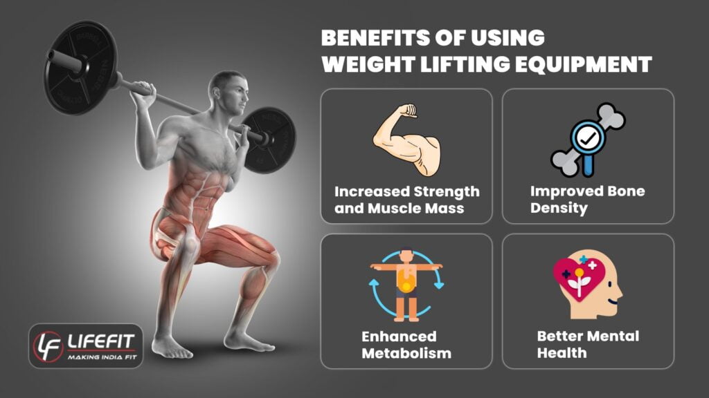 An array of weight lifting equipment highlighting the positive impact on health, including increased muscle strength and improved body composition.