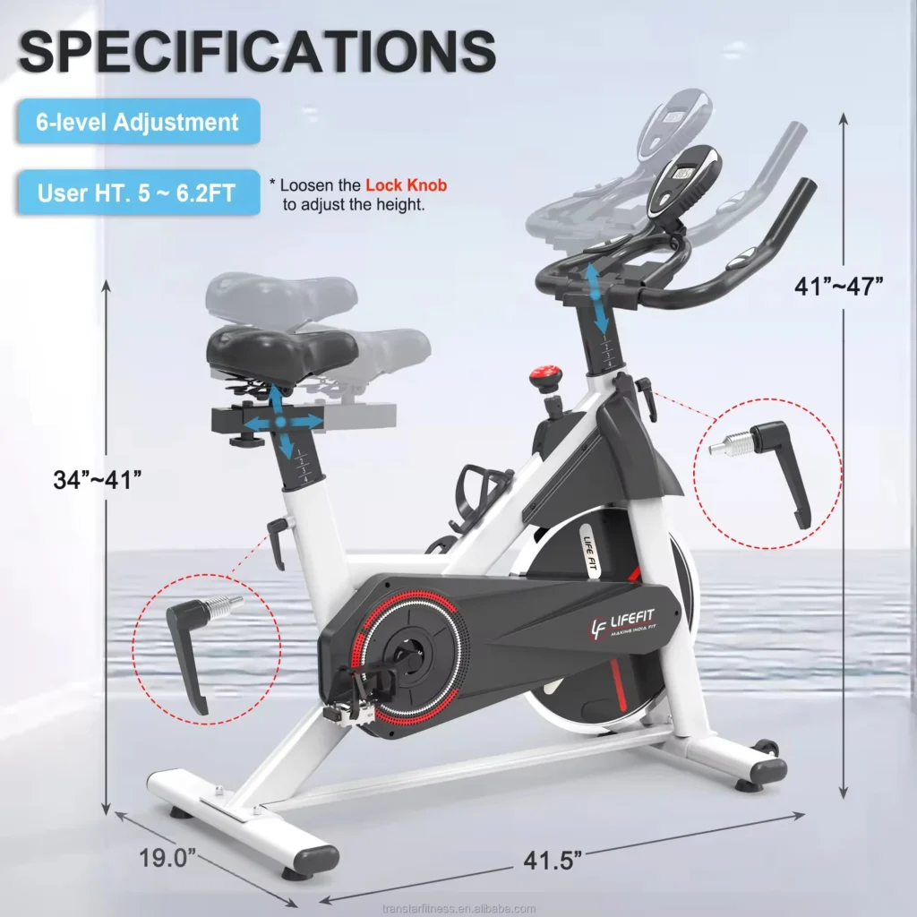 Close-up of spin bike features including adjustable resistance knob, multi-grip handlebars with pulse sensors, and smart monitor for effective home workouts.