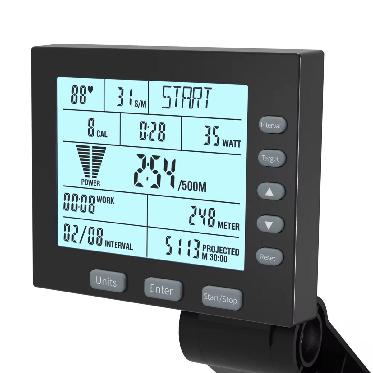 Close-up of Air Rower LF-AR 3 LCD monitor displaying workout data.