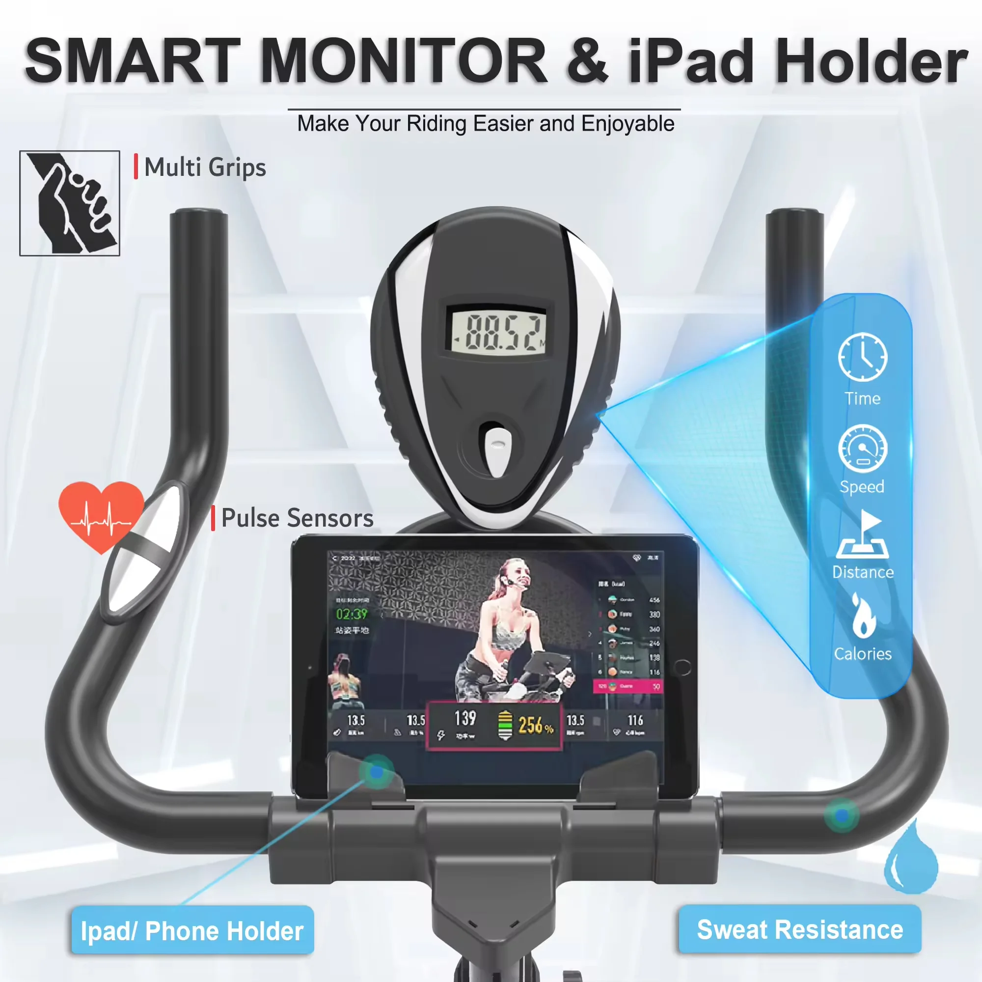 Spin bike smart monitor with iPad holder and sweat-resistant handles for a convenient workout.