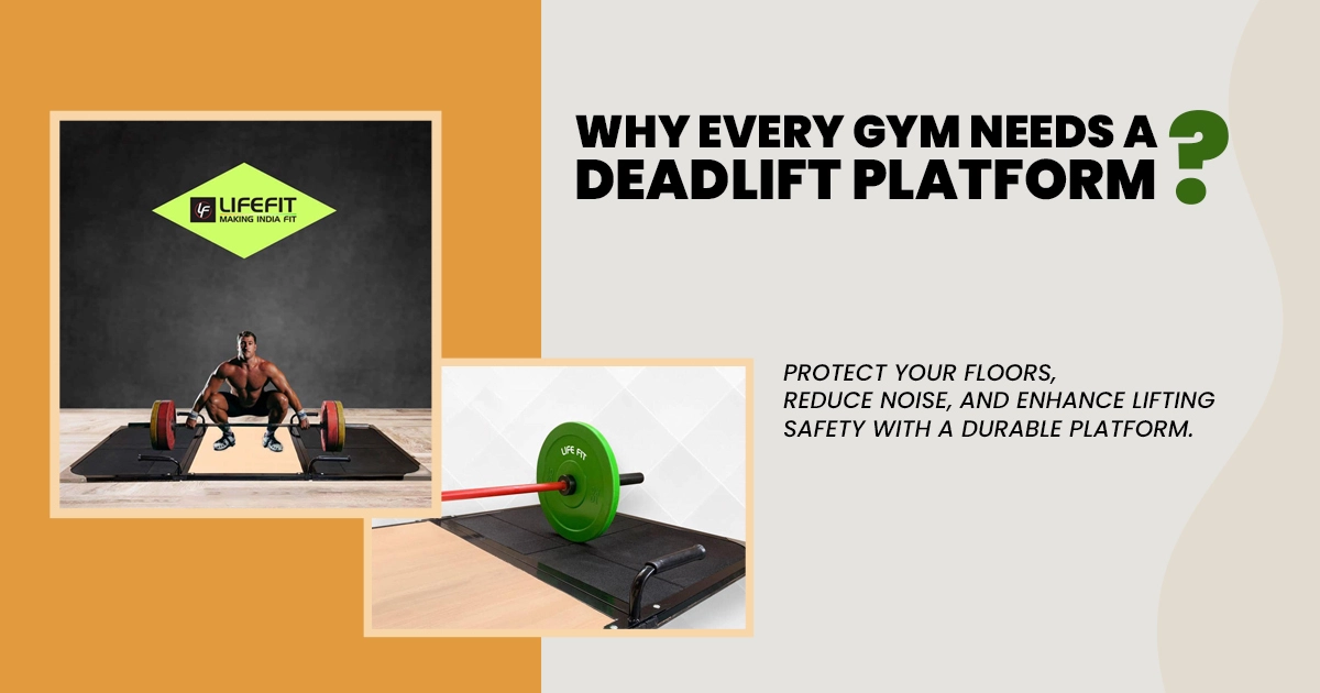 Illustration showing the benefits of a deadlift platform in gyms, including floor protection, noise reduction, and enhanced stability for lifting.