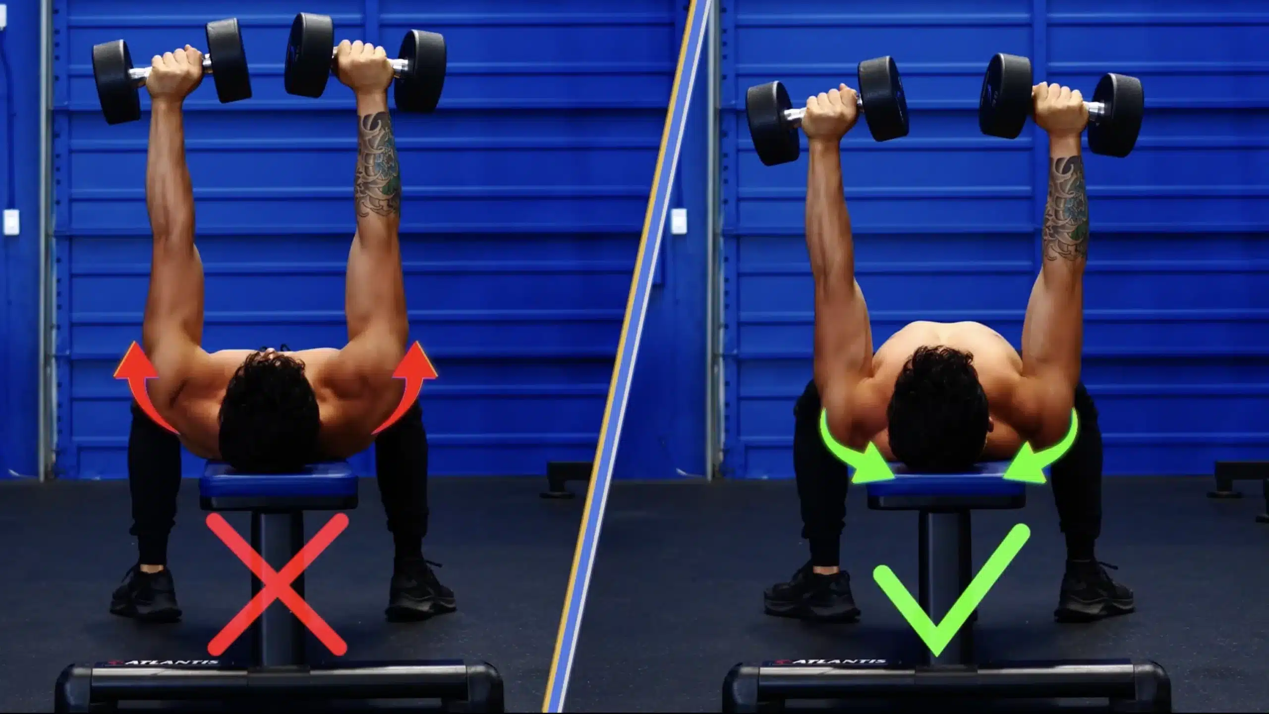 Comparison of dumbbell press form: Incorrect shoulders rolling forward (left, red X) versus correct shoulders kept down and back (right, green check).