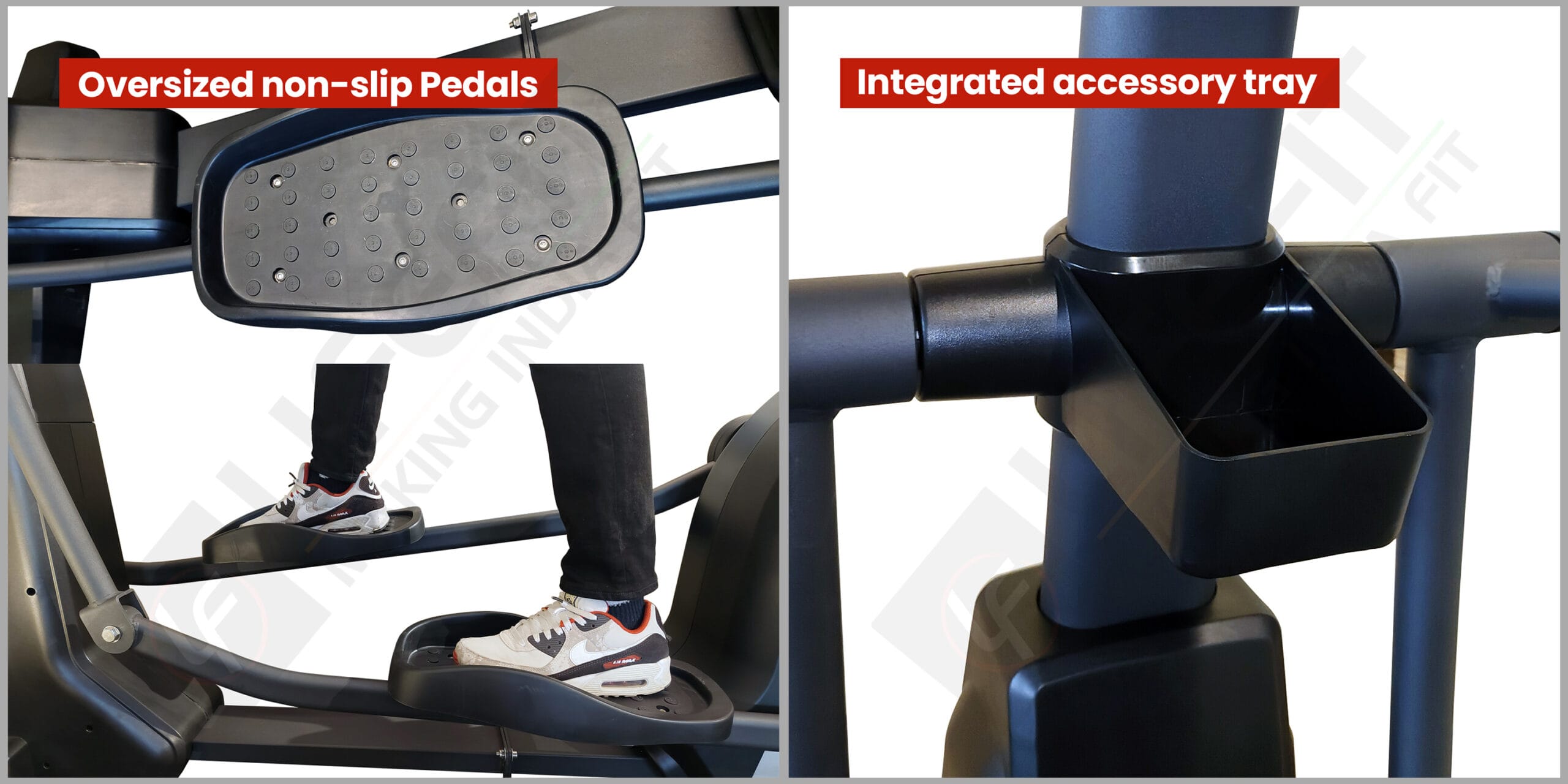 Detailed view of the LIFE FIT LF 117B's oversized non-slip pedals and convenient accessory tray, designed for comfort and practicality during workouts.