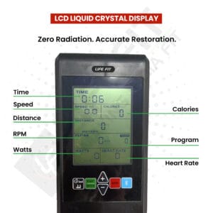 LCD Display of LIFE FIT A100 Air Bike showing Time, Speed, Calories, Distance, RPM, Watts, Program, and Heart Rate metrics.