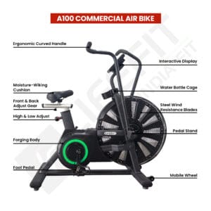 A100 Commercial Air Bike with Ergonomic Handles, Adjustable Seat, Interactive Display, and Steel Wind Resistance Blades.