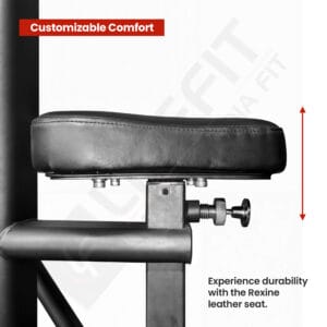 Close-up of the adjustable seat of the Life Fit Mid-Row Machine, emphasizing "Customizable Comfort" and the "Durable Rexine leather seat".