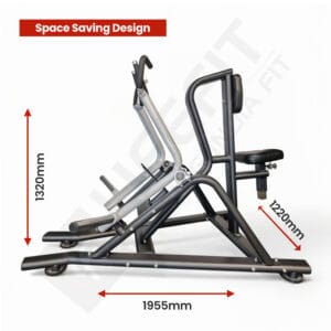 Life Fit M200 Mid Row Machine with a space-saving design. Dimensions: 1955mm length, 1320mm height, and 1220mm width. Sturdy black and silver frame with ergonomic padding for comfort.