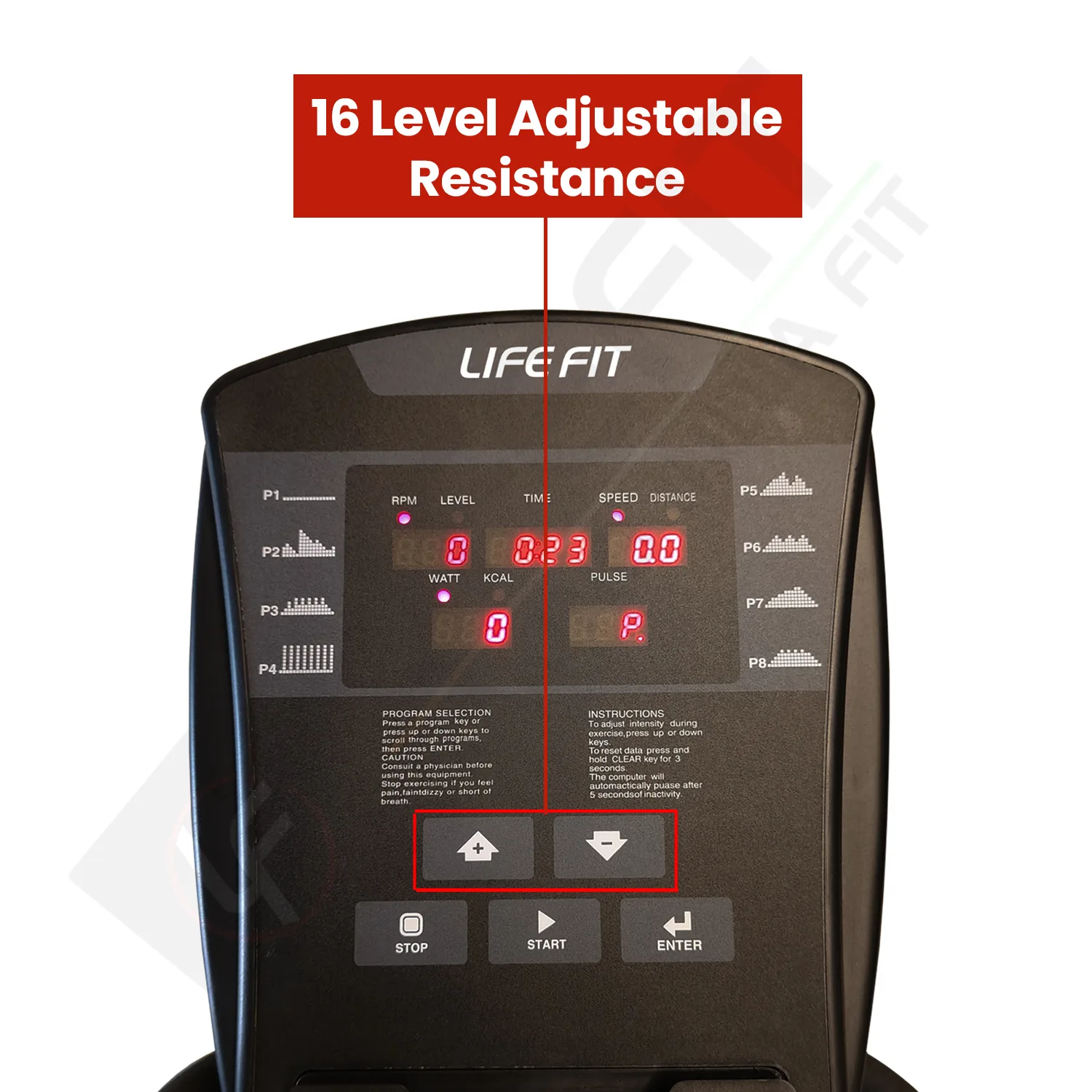 Close-up of the resistance adjustment controls on the LIFE FIT LF 117B Elliptical Trainer, featuring 32 levels of magnetic resistance.