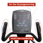 Close-up of the LIFE FIT LF 117B's control panel, displaying real-time workout data and programming options, with integrated heart rate sensors.
