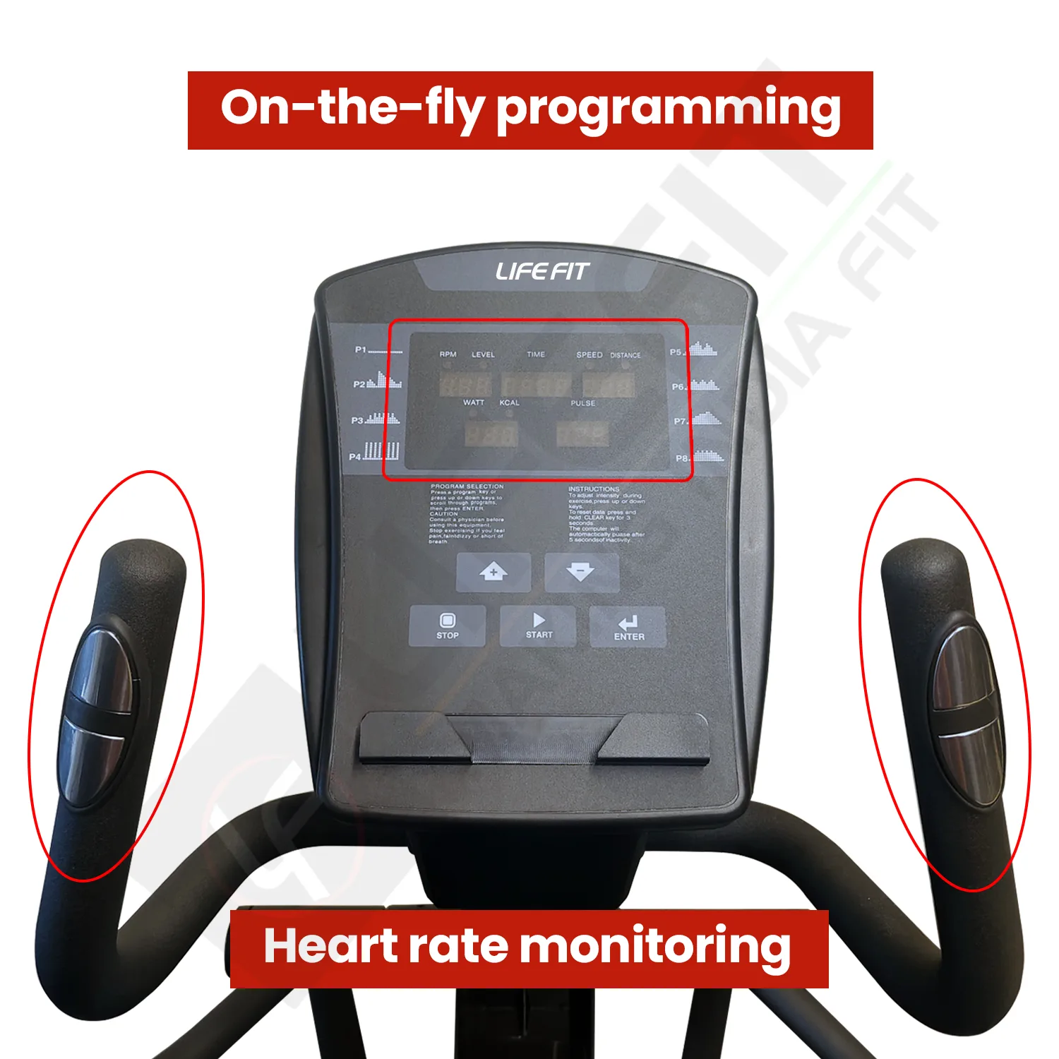 Close-up of the LIFE FIT LF 117B's control panel, displaying real-time workout data and programming options, with integrated heart rate sensors.