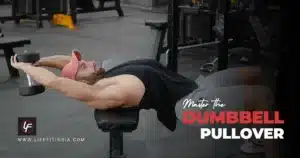 Featured image for dumbbell pullover guide showing a man demonstrating the exercise technique on a flat bench.