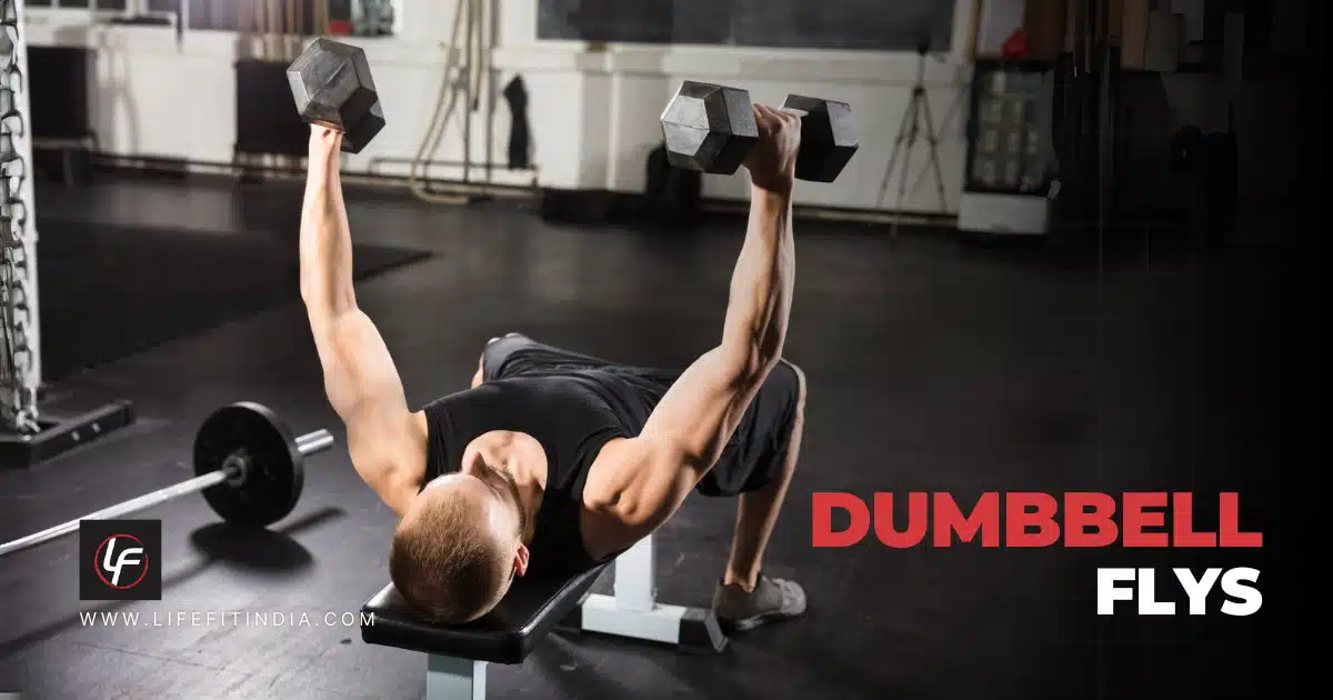 Man performing flat bench dumbbell flys with hex dumbbells in a gym setting.