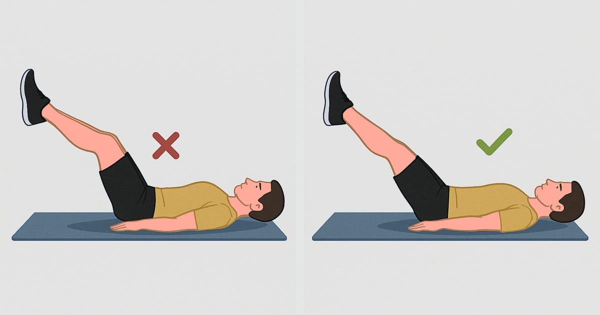 Visual guide to lying floor leg raise form: Demonstrating the common mistake of an arched lower back versus the correct technique of keeping the back flat.
