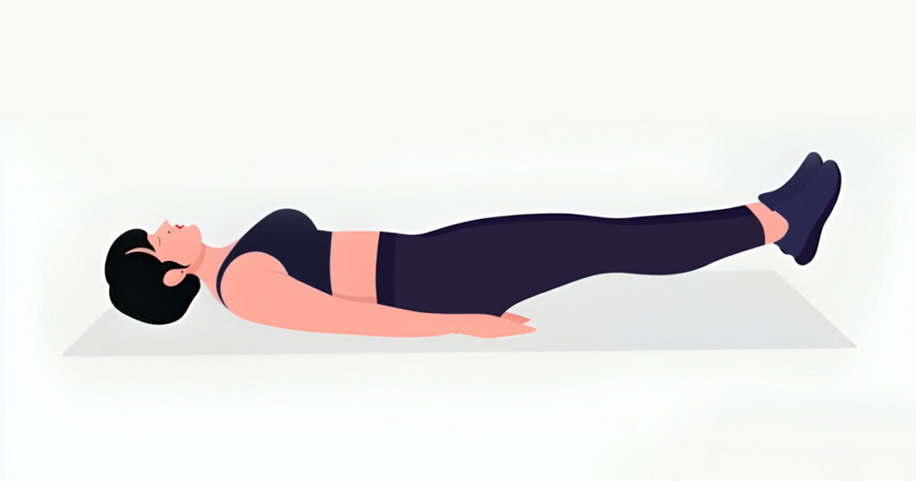 Starting position for lying floor leg raise: back flat, core engaged, legs extended just above the floor.