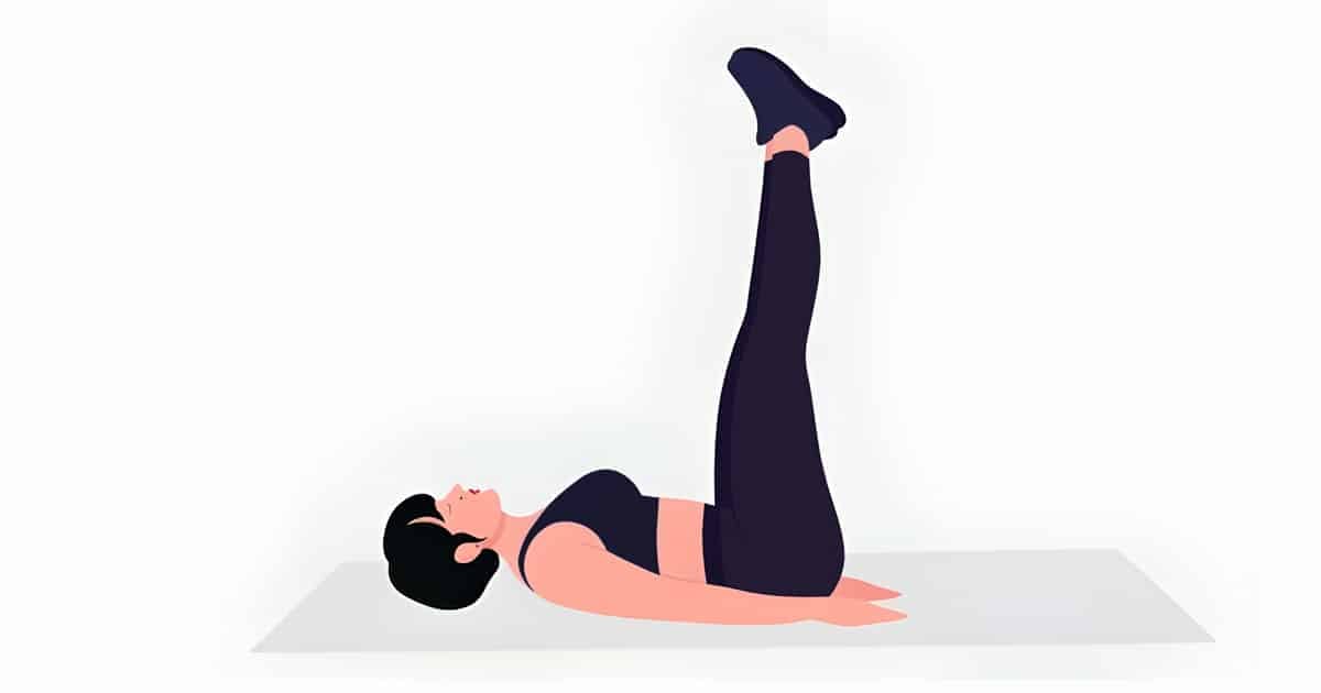 Lying floor leg raise: Lifting phase complete with legs extended straight up perpendicular to the floor, demonstrating controlled ascent.