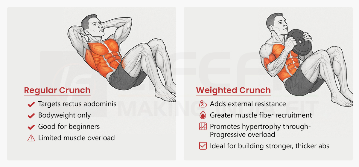 Comparison of regular crunch vs weighted crunch highlighting muscle activation and benefits.
