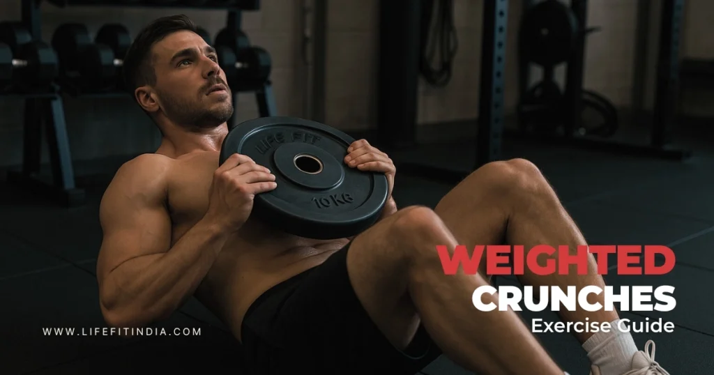 Muscular man doing weighted crunches in a gym for core strength.