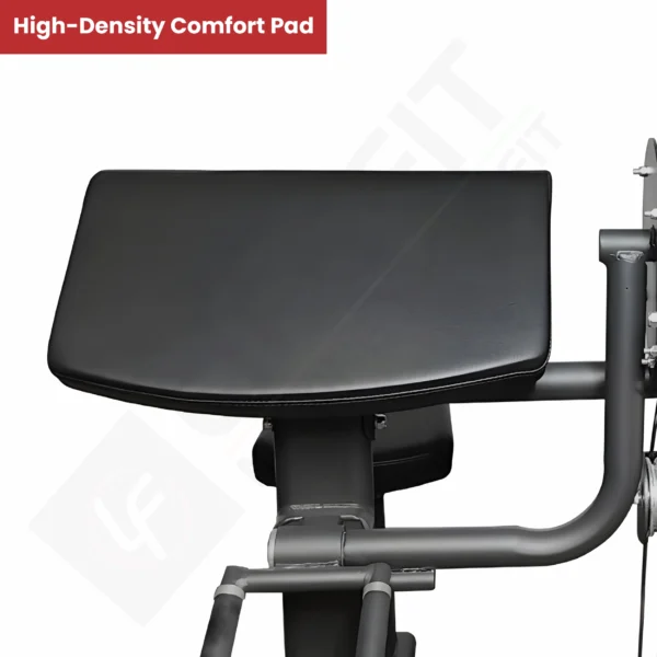 The high-density comfort pad on the Life Fit preacher curl machine, showing the thick, supportive cushioning for bicep workouts.