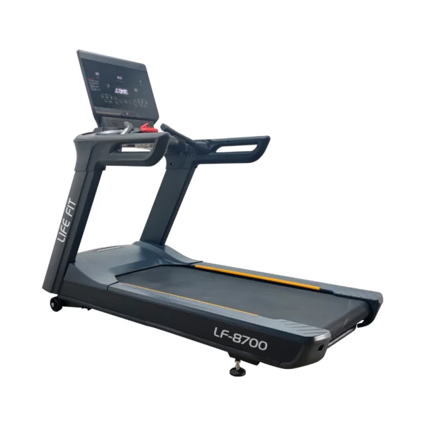 The LIFE FIT LF-8700 Pro Runner treadmill shown in a three-quarter profile view on a white background, displaying the "LIFE FIT" branding on the upright frame.